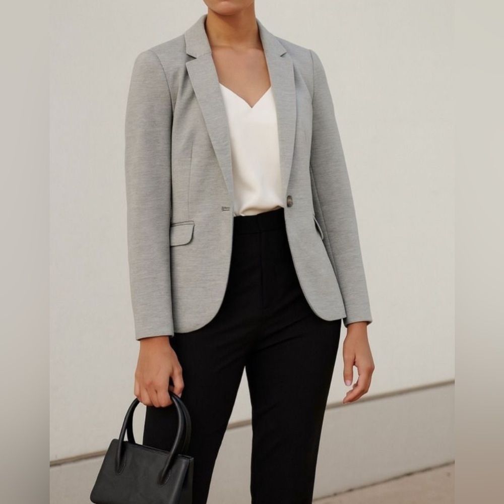 H&M Women's Grey Tailored Fit One Button Blazer Jacket sz 2 Career Prep Academia